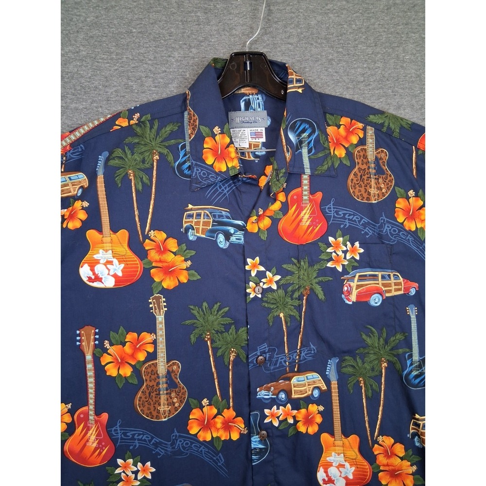 High Seas Mens Shirt Large Blue Guitar Floral Hawaiian Surf Rock USA Made VTG